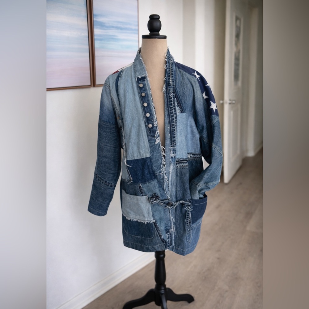 First Edition Vintage Blue Denim Jacket with Frayed Edges Size Medium - Picture 2 of 15